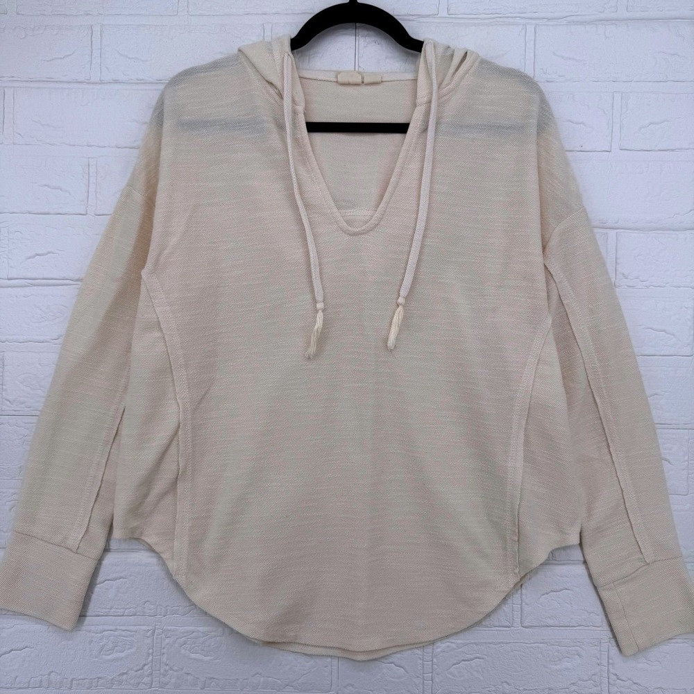 Roxy Off White Textured Beachy Knit V-Neck Hoodie Tassel Coastal Boho S